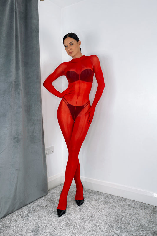 Red Glossy 8D Bodystocking with Gloves