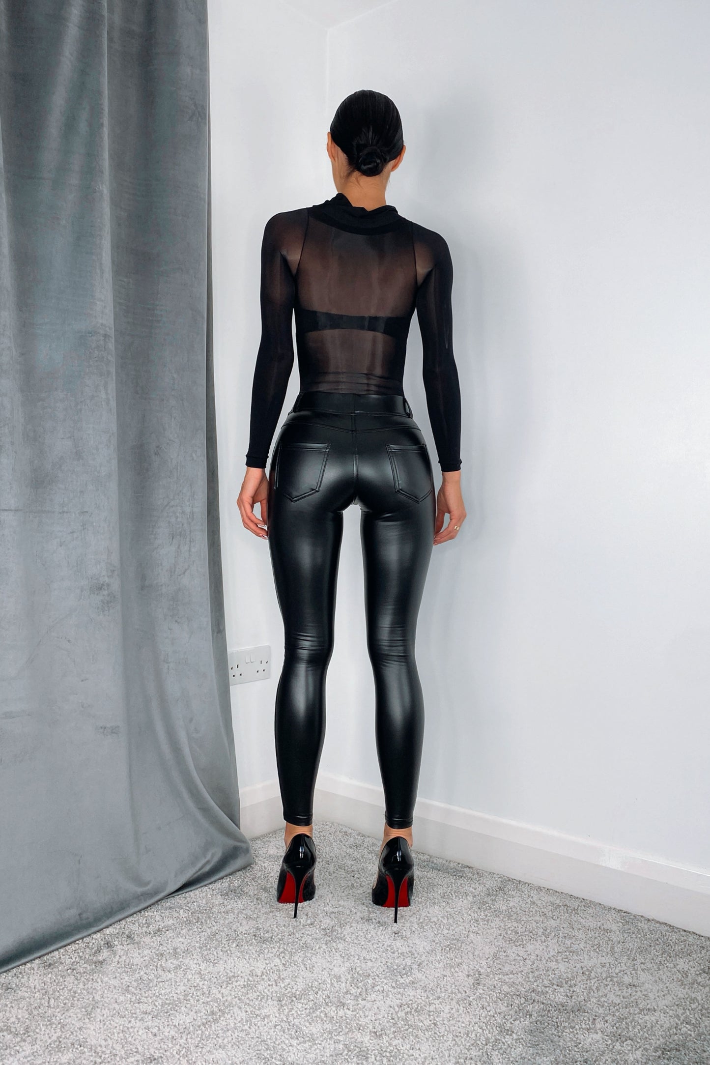 Black PU Faux Leather Leggings with pockets