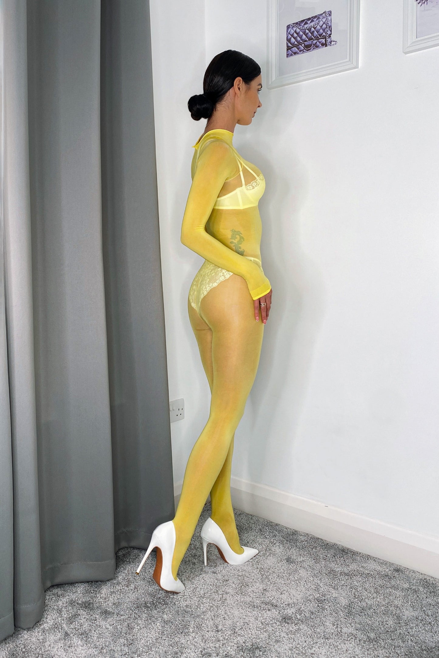 Yellow Glossy 8D Long Sleeve Bodystocking