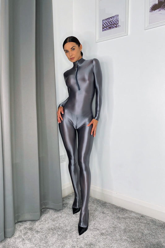 Grey Shiny Spandex Bodystocking with 2 zips