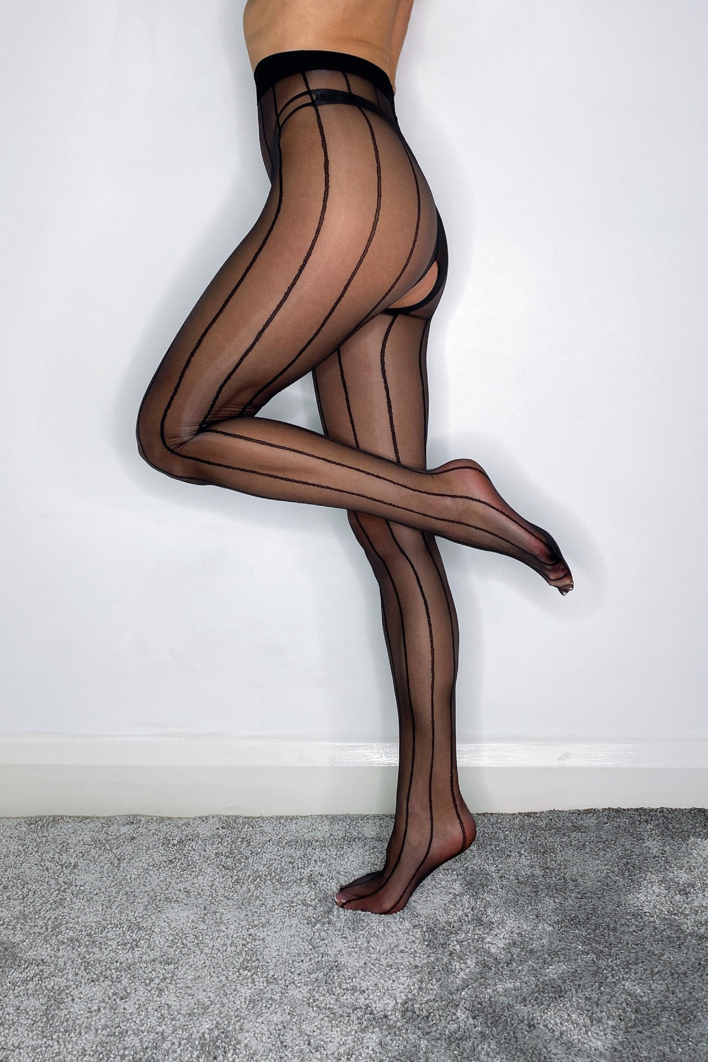 Black Striped 5 Denier Crotchless Tights