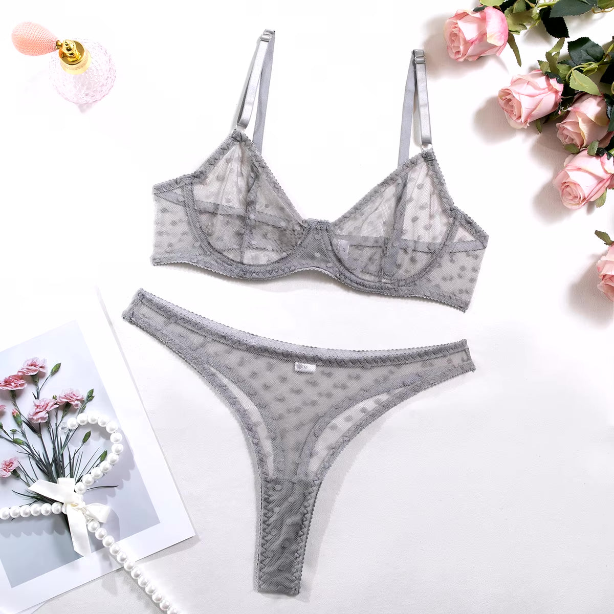 Tilly - Grey Dot Underwired Bra And Thong Set