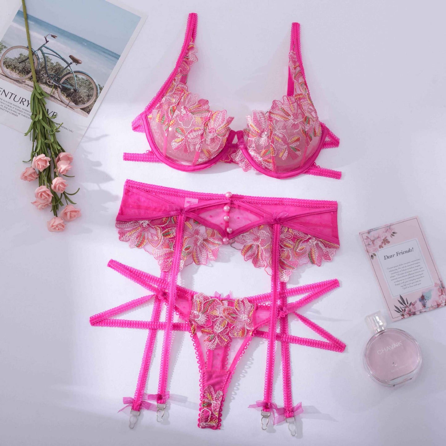 Magenta - Pink Floral Underwired Bra, Thong and Suspender set