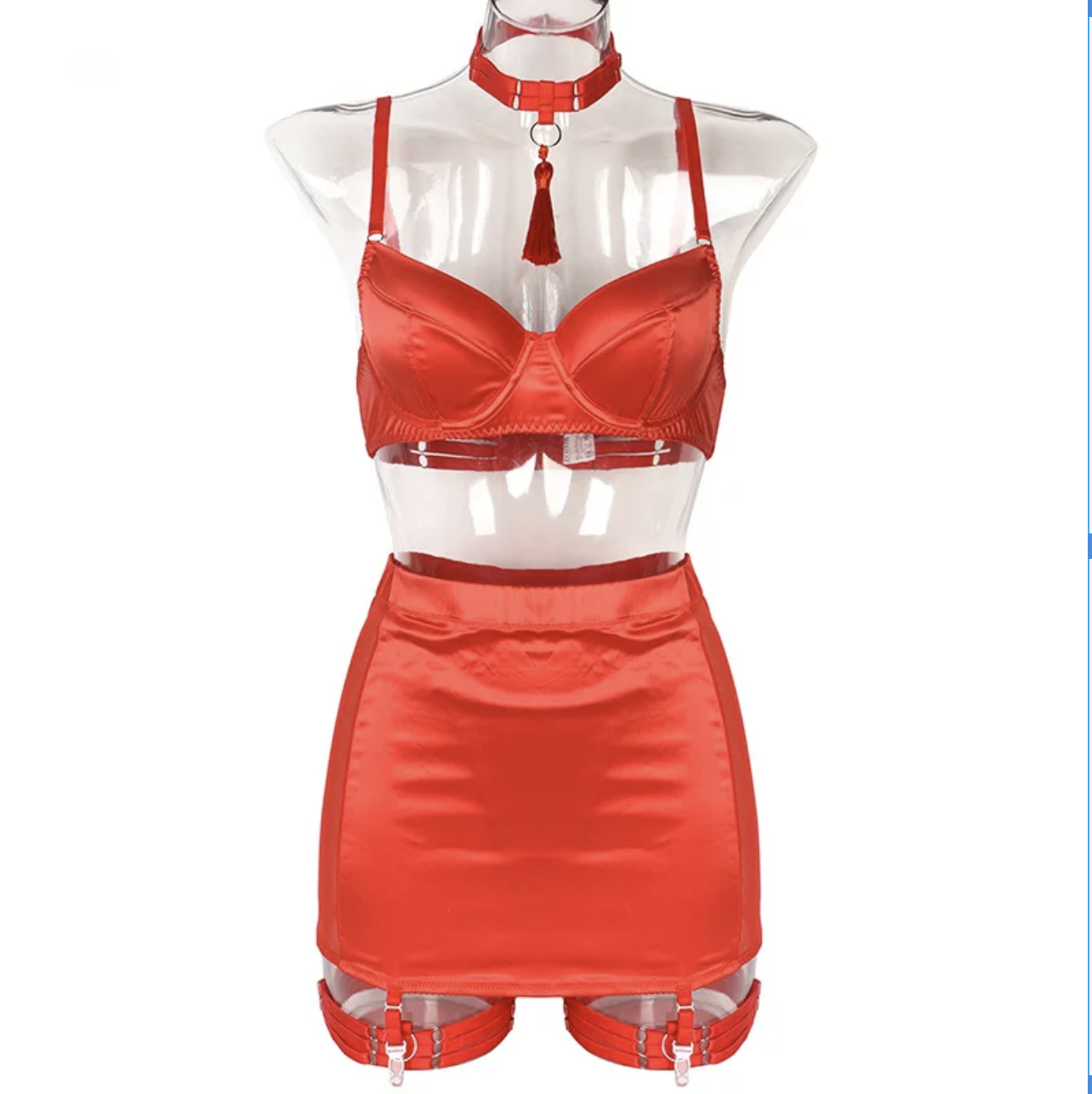 Blaze - Red Satin Bra, Suspender Skirt and Thong Set