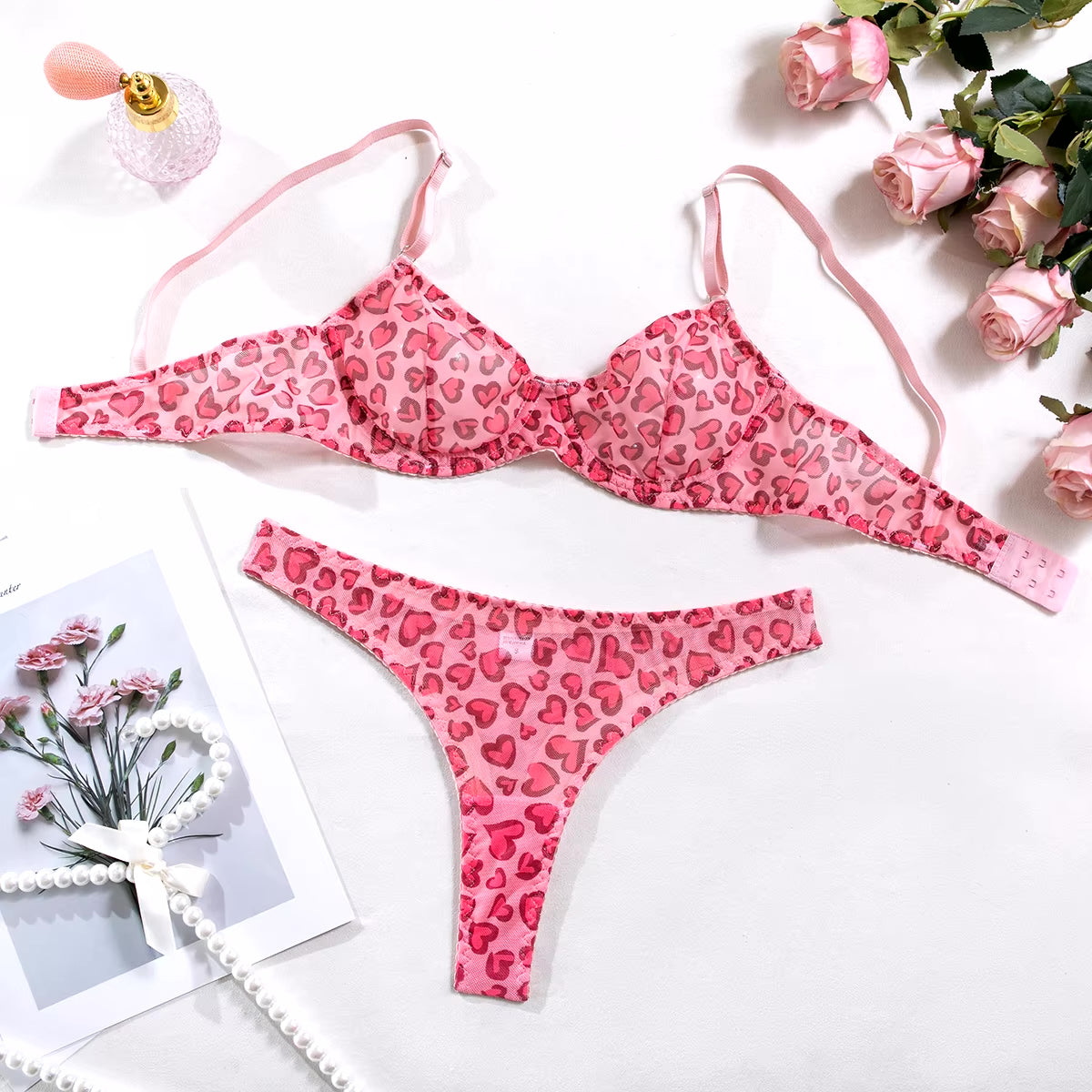 Tilly - Pink Heart Underwired Bra And Thong Set