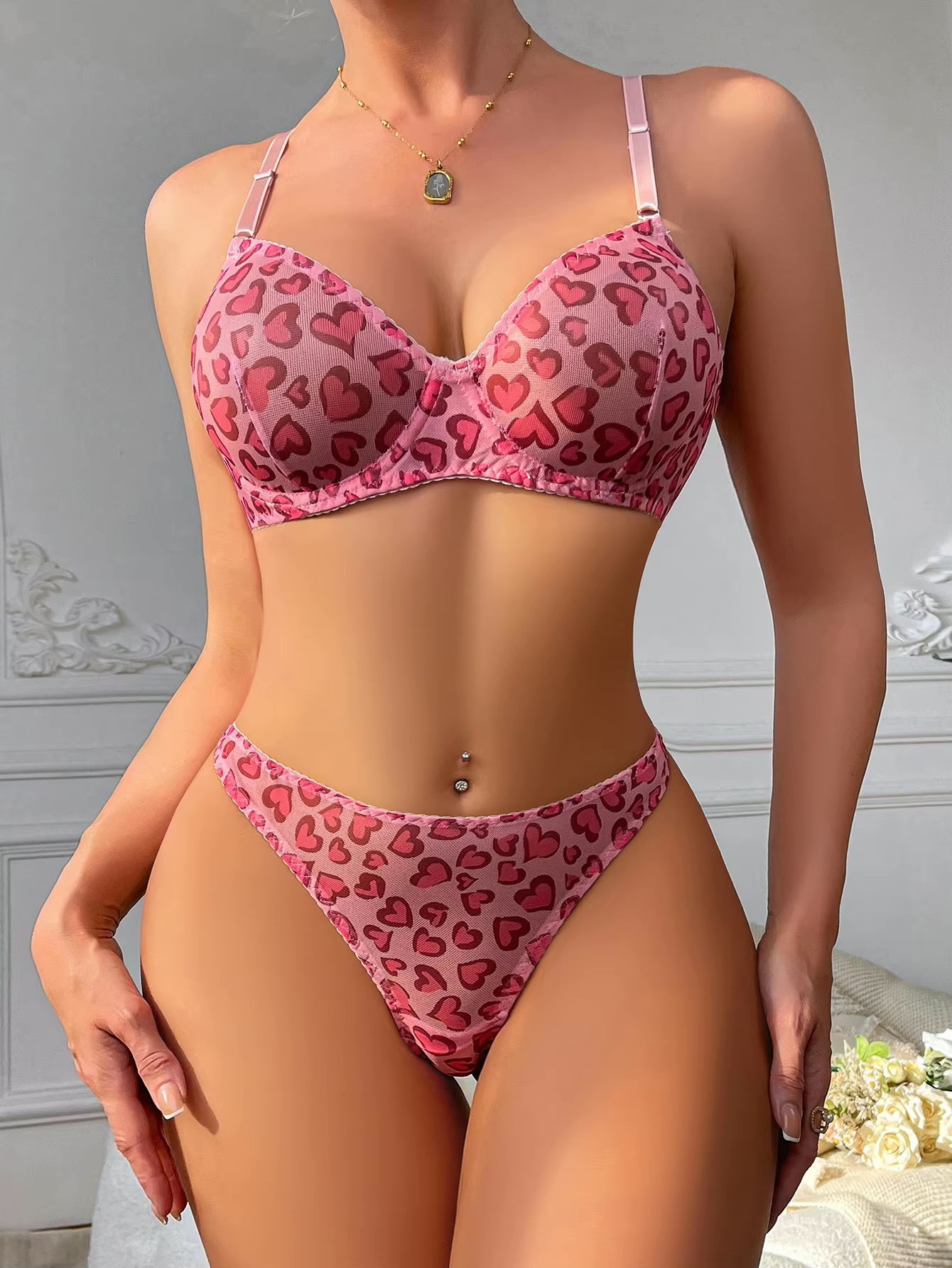 Tilly - Pink Heart Underwired Bra And Thong Set